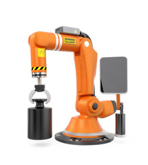 Orange robotic arm with touch panel screen. User can setting task schedule by this smart system. Original design.