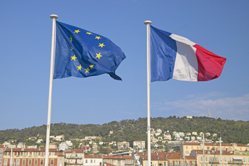 The flags of the European Union and of France, flying in France