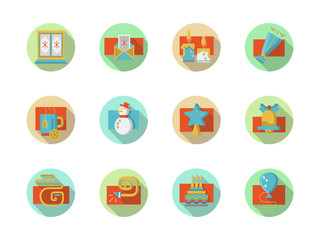 Winter holidays colored round icons set