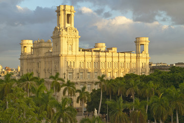 Historic colonial building in Old Havana, Cuba at sunset
