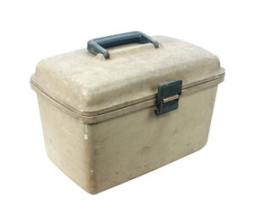 Old plastic toolbox on white.