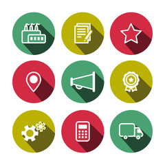 Flat vector business and construction multicolor (yellow-green, green, crimson) icons set