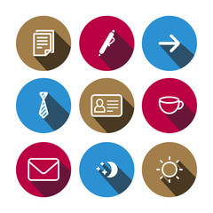 Flat vector business multicolor (light brown, magenta, light blue) icons set