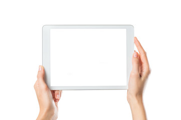 Hands holding digital tablet - obrazy, fototapety, plakaty