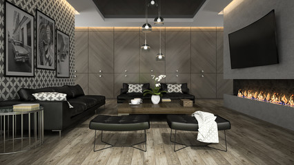 Interior of living room with stylish wallpaper 3D rendering 4