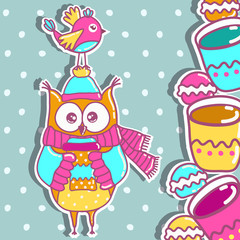 Sample cards with an owl, with cups and cakes