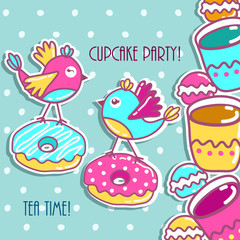 Sample cards with an bird, with cups and cakes
