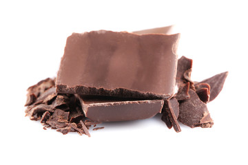 Dark chocolate pieces isolated on white