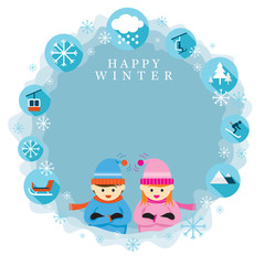 Fototapeta na wymiar Boy and Girl in Winter Season, Frame and Label, Winter Season, Snowing
