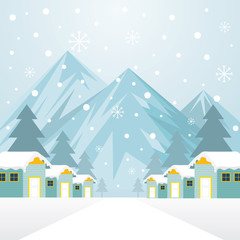Fototapeta na wymiar Winter Houses with Snowing Background, Mountain and Forest Scene