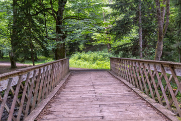 Obraz premium Wooden bridge across mountain river