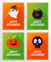 Vector Halloween greeting card designs with ghost, skull, cauldron with potion and pumpkin