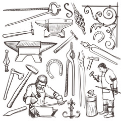 Hand drawn sketch blacksmith set