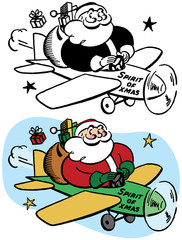 Santa Claus delivering presents in an airplane