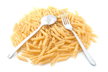 Pasta penne with spoon and fork