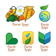 Set of green, orange and blue natural organic products farm logos