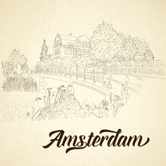 Vector city sketching on vintage background. Amsterdam, Netherlands