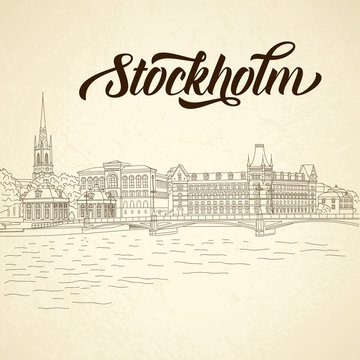 Vector city sketching on vintage background. Stockholm, Sweden