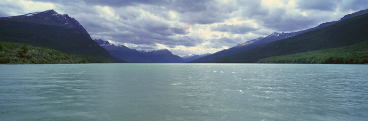 Panoramic view of Ushuaia, Tierra del Fuego National Park and Andes Mountains, Argentina