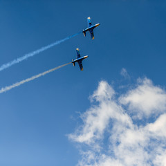 airplanes in the sky with colorful smoke of ukrainian flag 