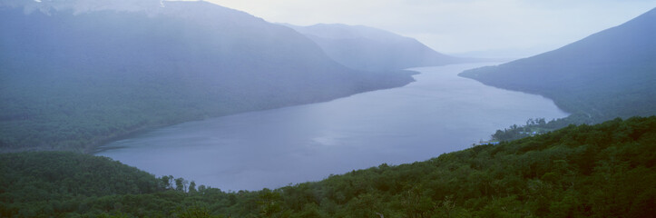 Panoramic view of Ushuaia, Tierra del Fuego National Park and Andes Mountains, Argentina