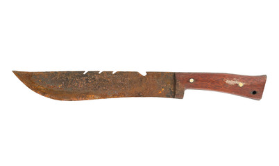 Rusty and dirty knife with wooden handle isolated on a white background