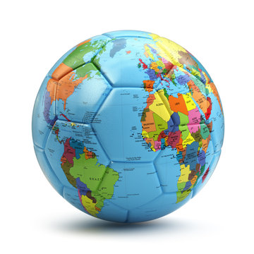 World cup concept. Soccer or football ball with world map.