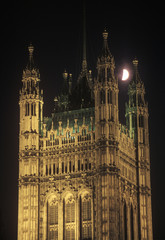 Moon over Westminster Abbey in London, England