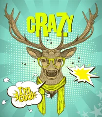 Muurstickers Pop-art style poster with hipster deer dressed in yellow glasses and scarf, telling I am cool. © LP Design