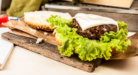 Hamburger on the table.
