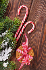 Christmas gingerbread cookies, candy cane and tree branch