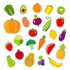 Organic fruits and vegetables outline style icons set