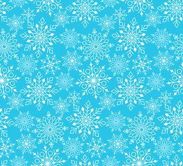 Seamless Winter Snow Flakes Background Pattern in Blue Color. Continuous Vector Illustration
