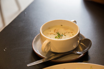 the mushroom on the black table.