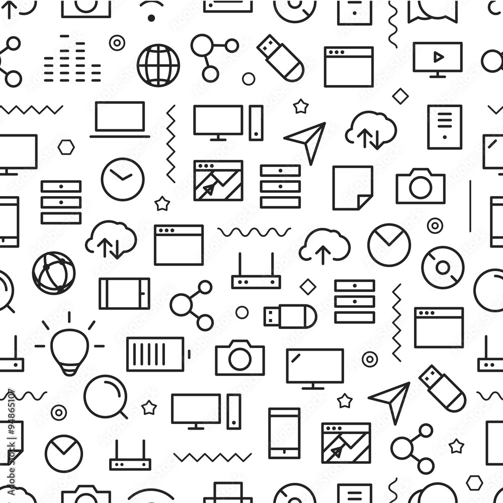 Poster Different line style icons seamless pattern. Technology