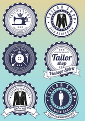 Set of dark blue round badges for tailor shops
