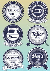 Set of dark blue round badges for tailor shops.