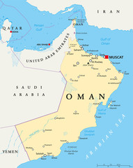 Oman political map with capital Muscat, national borders and important cities. English labeling and scaling. Illustration. - obrazy, fototapety, plakaty