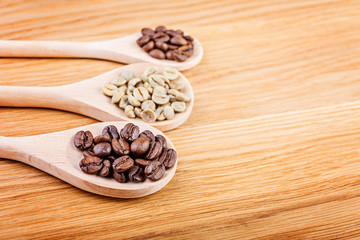 Roasted and green coffee beans in  wooden spoons.