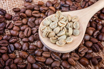 green coffee beans in  spoon on burlap.