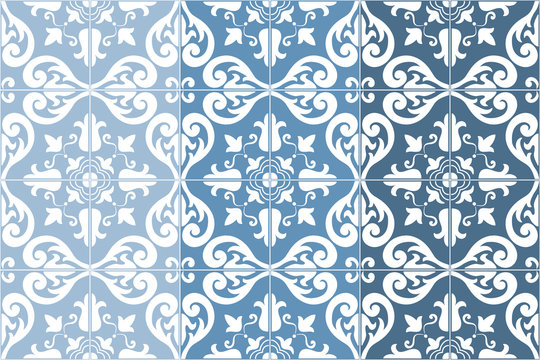 Traditional ornate portuguese tiles azulejos, 3 tone variations in blue. Vintage pattern. Abstract background. Vector illustration, eps. 
