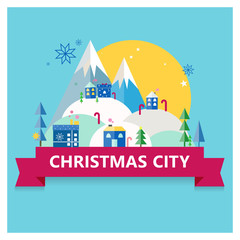 Flat Christmas colorful city. Mountain, trees, houses,snow, snowflakes holiday illustration on blue background with red ribbon.