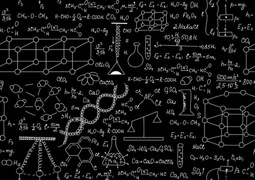 Scientific vector seamless pattern with chemical and physical formulas, plots and schemes. Endless texture. You can use any color of background