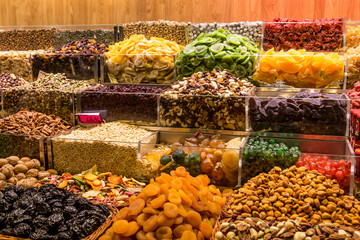 dried fruits market place from La Boqueria market, Barcelona, Spain.
