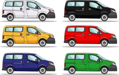 Set of six colored cars isolated on white background in flat style