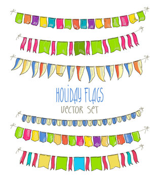 Vector Illustration of colorful flag garlands on white  background. Retro colors buntings and flags. Holiday set