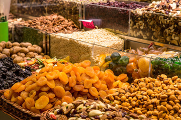 dried fruits market place from La Boqueria market, Barcelona, Spain.