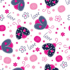 Naklejka premium Cute baby seamless pattern with ladybugs, flowers and lettering