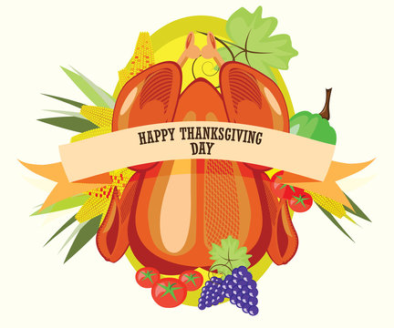 Roasted chicken or Turkey with apples, berries, fruits, vegetables for Thanksgiving Day. Happy Thanksgiving Day card, background, poster. Vector illustration, top view