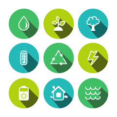 Flat vector eco multicolor (yellow-green, turquoise, light blue) icons set